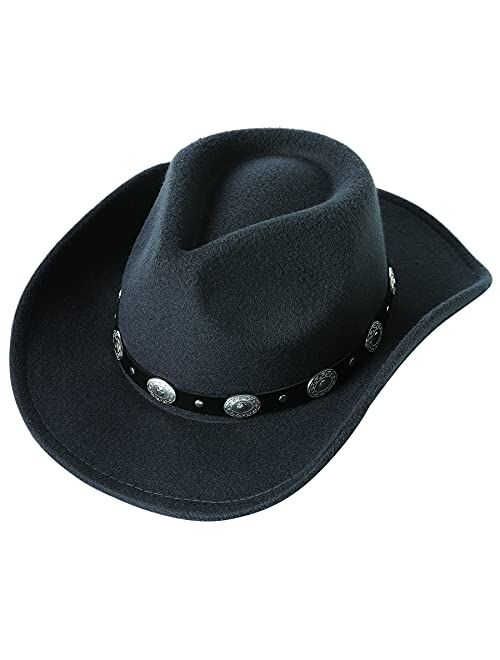 Lanzom Women Men Felt Wide Brim Western Cowboy Hats Belt Buckle Panama Hat