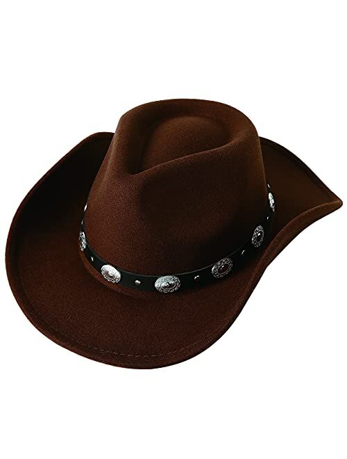 Lanzom Women Men Felt Wide Brim Western Cowboy Hats Belt Buckle Panama Hat