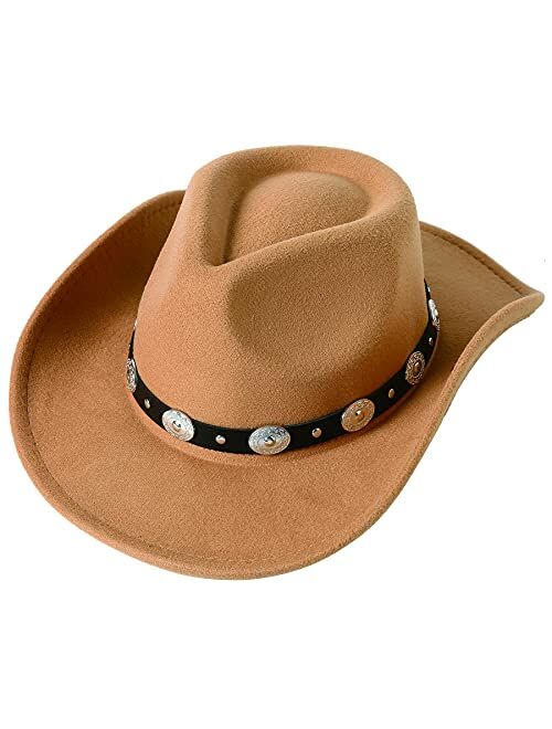 Lanzom Women Men Felt Wide Brim Western Cowboy Hats Belt Buckle Panama Hat