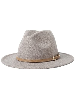 Lanzom Women Lady Classic Wool Fedora Hat with Belt Buckle Felt Wide Brim Panama Hat