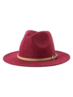 Lanzom Women Lady Classic Wool Fedora Hat with Belt Buckle Felt Wide Brim Panama Hat