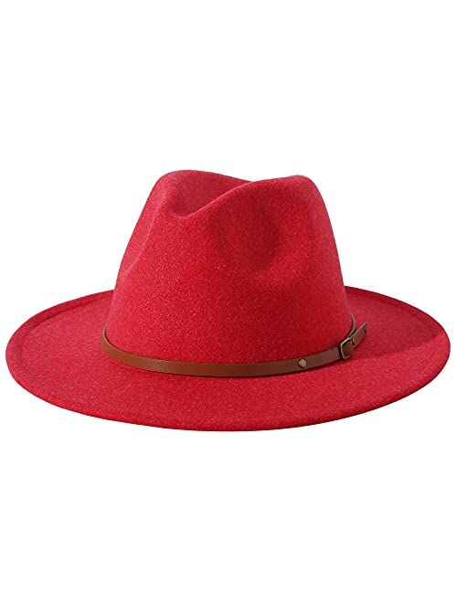 Lanzom Women Lady Classic Wool Fedora Hat with Belt Buckle Felt Wide Brim Panama Hat