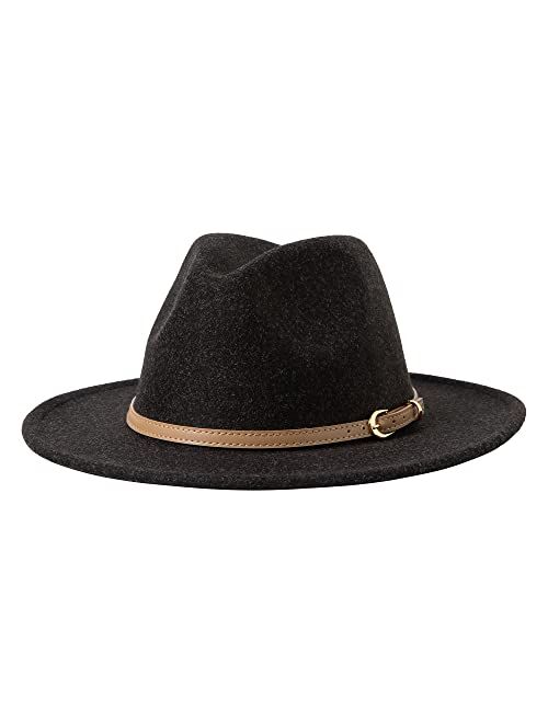 Lanzom Women Lady Classic Wool Fedora Hat with Belt Buckle Felt Wide Brim Panama Hat