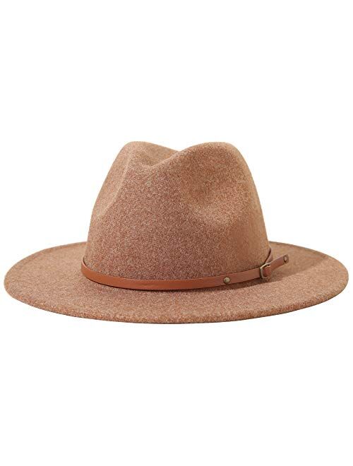 Lanzom Women Lady Classic Wool Fedora Hat with Belt Buckle Felt Wide Brim Panama Hat