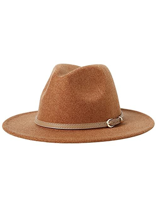 Lanzom Women Lady Classic Wool Fedora Hat with Belt Buckle Felt Wide Brim Panama Hat