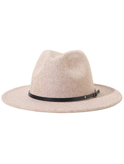 Lanzom Women Lady Classic Wool Fedora Hat with Belt Buckle Felt Wide Brim Panama Hat