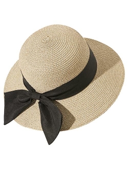 Lanzom Summer Sun Hats for Women Lady Wide Brim Straw Hat Beach Hat UPF Foldable Packable Cap for Travel Outdoor