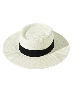 Lanzom UPF50+ Women Wide Brim Straw Panama Sun Hat Boater Summer Beach Sun Hat