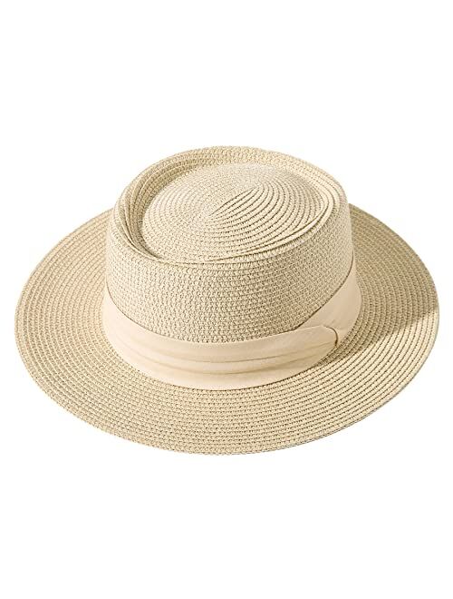 Lanzom UPF50+ Women Wide Brim Straw Panama Sun Hat Boater Summer Beach Sun Hat