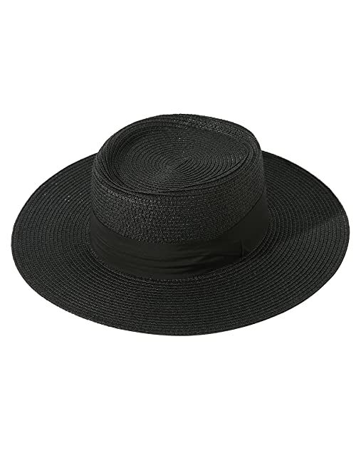 Lanzom UPF50+ Women Wide Brim Straw Panama Sun Hat Boater Summer Beach Sun Hat