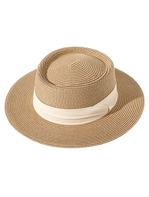 Lanzom UPF50+ Women Wide Brim Straw Panama Sun Hat Boater Summer Beach Sun Hat