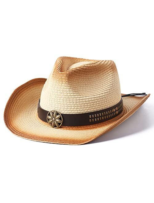 Lanzom Womens Mens Straw Beach Sun Hat Classic Shapeable Sun Hat Packable Hat Summer Cowboy Hat UPF 50+