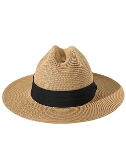 Lanzom Women Men Wide Brim Beach Sun Straw Hat UPF50 Travel Foldable Brim Summer Straw Cowboy Hat