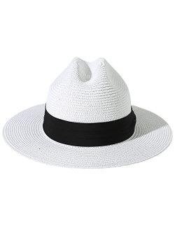 Lanzom Women Men Wide Brim Beach Sun Straw Hat UPF50 Travel Foldable Brim Summer Straw Cowboy Hat