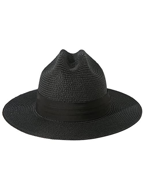 Lanzom Women Men Wide Brim Beach Sun Straw Hat UPF50 Travel Foldable Brim Summer Straw Cowboy Hat