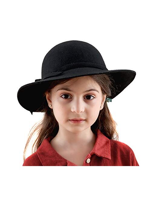 Lanzom Kids Girls Vintage Wide Brim Wool Felt Bowler Cap Bowknot Floppy Fedora Hat