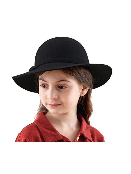 Lanzom Kids Girls Vintage Wide Brim Wool Felt Bowler Cap Bowknot Floppy Fedora Hat