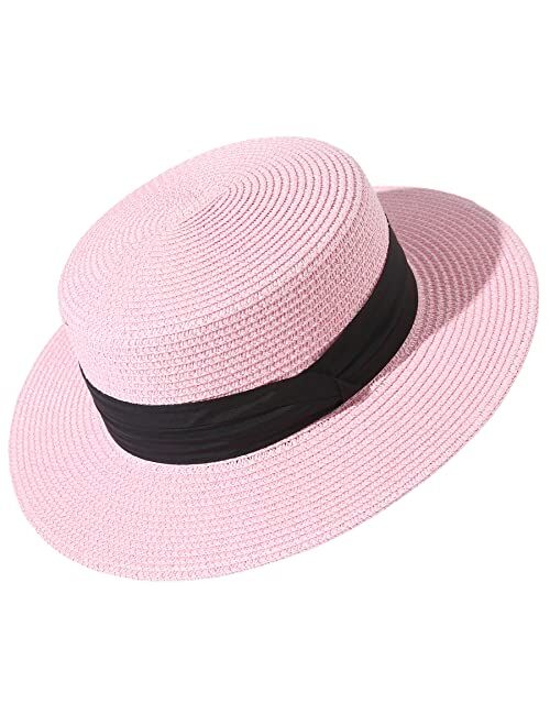 Lanzom Sun Hats for Women Wide Brim Straw Boater Hat Foldable Packable Beach Hat for Summer