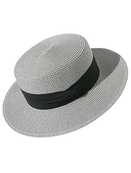 Lanzom Sun Hats for Women Wide Brim Straw Boater Hat Foldable Packable Beach Hat for Summer