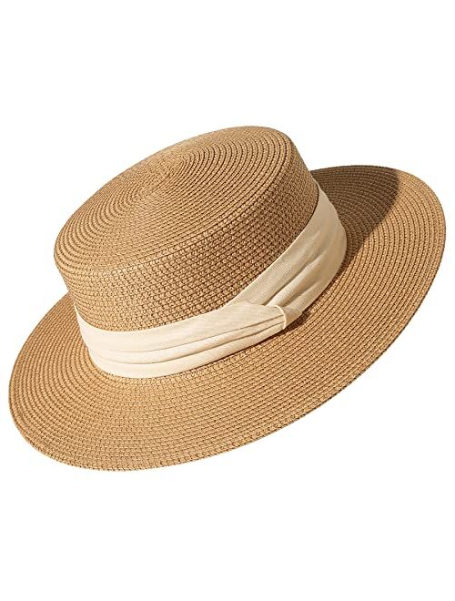 Lanzom Sun Hats for Women Wide Brim Straw Boater Hat Foldable Packable Beach Hat for Summer