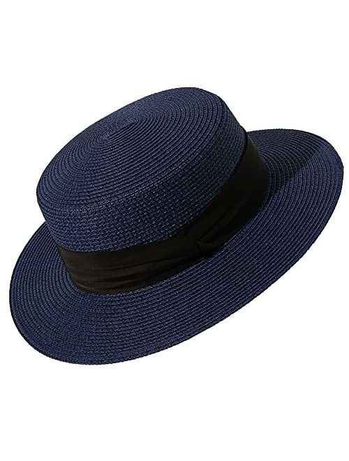 Lanzom Sun Hats for Women Wide Brim Straw Boater Hat Foldable Packable Beach Hat for Summer