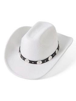 Lanzom Women Men Western Cowboy Cowgirl Hat Fedora Outdoor Felt Wide Brim Hat with Belt Buckle