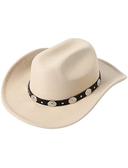 Lanzom Women Men Western Cowboy Cowgirl Hat Fedora Outdoor Felt Wide Brim Hat with Belt Buckle