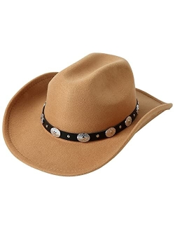 Lanzom Women Men Western Cowboy Cowgirl Hat Fedora Outdoor Felt Wide Brim Hat with Belt Buckle