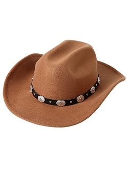 Lanzom Women Men Western Cowboy Cowgirl Hat Fedora Outdoor Felt Wide Brim Hat with Belt Buckle