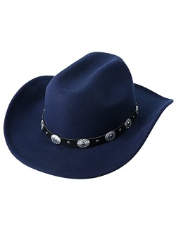 Lanzom Women Men Western Cowboy Cowgirl Hat Fedora Outdoor Felt Wide Brim Hat with Belt Buckle