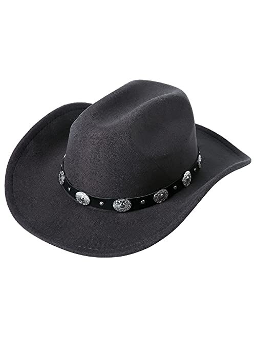 Lanzom Women Men Western Cowboy Cowgirl Hat Fedora Outdoor Felt Wide Brim Hat with Belt Buckle