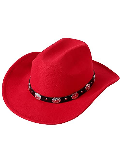 Lanzom Women Men Western Cowboy Cowgirl Hat Fedora Outdoor Felt Wide Brim Hat with Belt Buckle