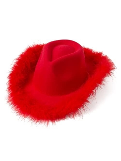 Lanzom Women Men Cowgirl Hat with Feather Wide Brim Felt Cowboy Hat for Halloween, Bachelorette Party Hat Accessories