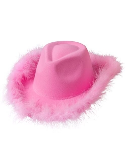 Lanzom Women Men Cowgirl Hat with Feather Wide Brim Felt Cowboy Hat for Halloween, Bachelorette Party Hat Accessories