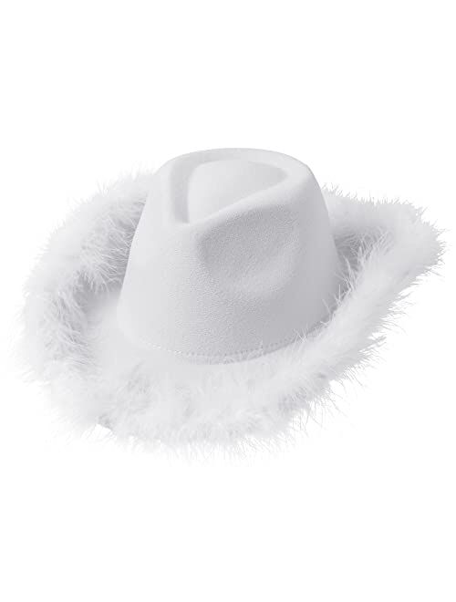 Lanzom Women Men Cowgirl Hat with Feather Wide Brim Felt Cowboy Hat for Halloween, Bachelorette Party Hat Accessories