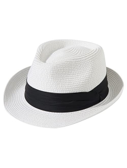 Lanzom Women Men Short Brim Straw Hat Panama Fedora Hat Summer Beach Sun Trilby Hat Packable Roll Up Hat