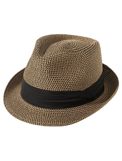 Lanzom Women Men Short Brim Straw Hat Panama Fedora Hat Summer Beach Sun Trilby Hat Packable Roll Up Hat