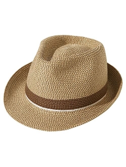 Lanzom Women Men Short Brim Straw Hat Panama Fedora Hat Summer Beach Sun Trilby Hat Packable Roll Up Hat