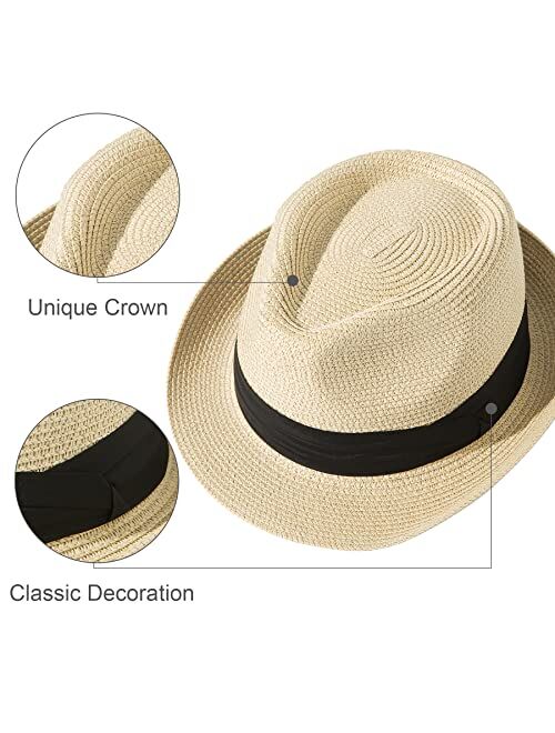 Lanzom Women Men Short Brim Straw Hat Panama Fedora Hat Summer Beach Sun Trilby Hat Packable Roll Up Hat