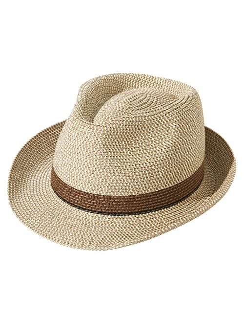 Lanzom Women Men Short Brim Straw Hat Panama Fedora Hat Summer Beach Sun Trilby Hat Packable Roll Up Hat