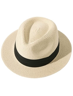 Lanzom Men Women Straw Sun Hat Short Brim Panama Fedora Beach Sun Hat Vacation Packable Roll Up Summer Hat