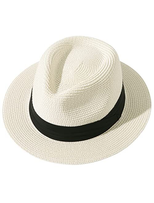 Lanzom Men Women Straw Sun Hat Short Brim Panama Fedora Beach Sun Hat Vacation Packable Roll Up Summer Hat