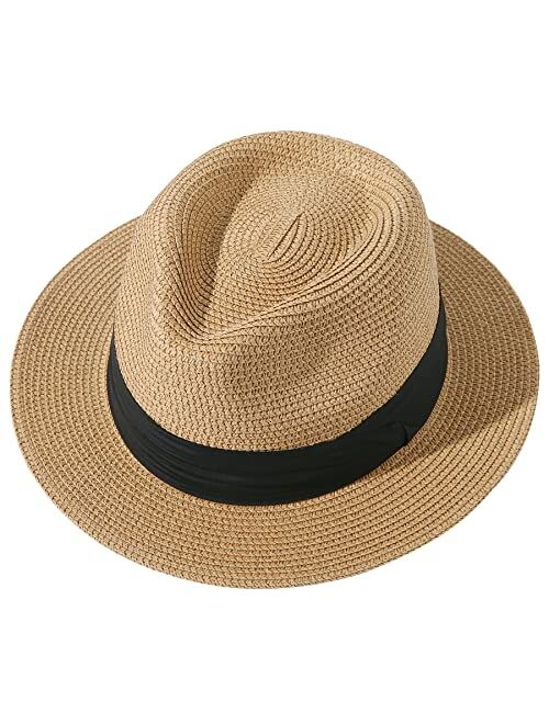 Lanzom Men Women Straw Sun Hat Short Brim Panama Fedora Beach Sun Hat Vacation Packable Roll Up Summer Hat