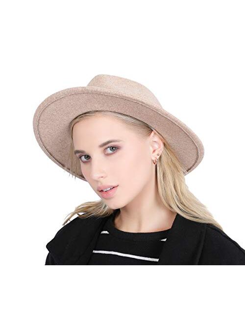 Lanzom Women Lady Felt Fedora Hat Wide Brim Wool Panama Hats with Band