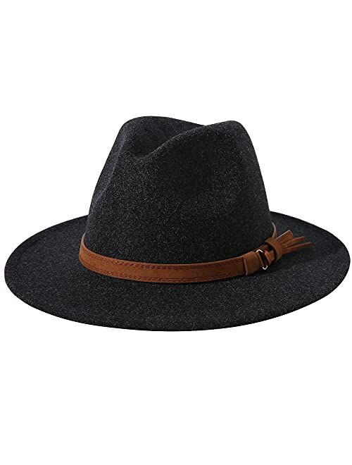 Lanzom Women Lady Felt Fedora Hat Wide Brim Wool Panama Hats with Band