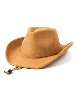 Lanzom Kids Girls Boys Retro Felt Wide Brim Western Cowboy Cowgirl Hat Dress Up Hat with Wind Lanyard