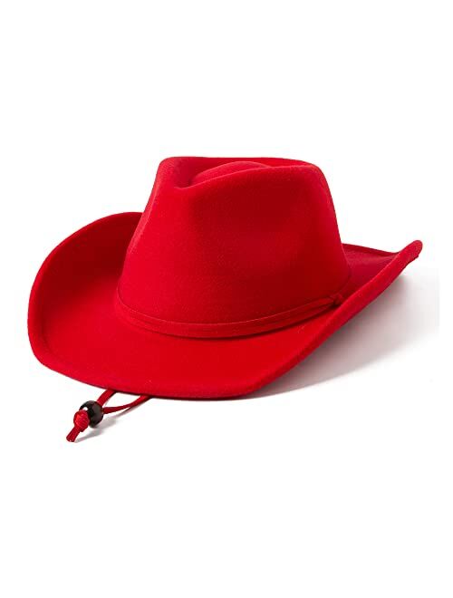 Lanzom Kids Girls Boys Retro Felt Wide Brim Western Cowboy Cowgirl Hat Dress Up Hat with Wind Lanyard