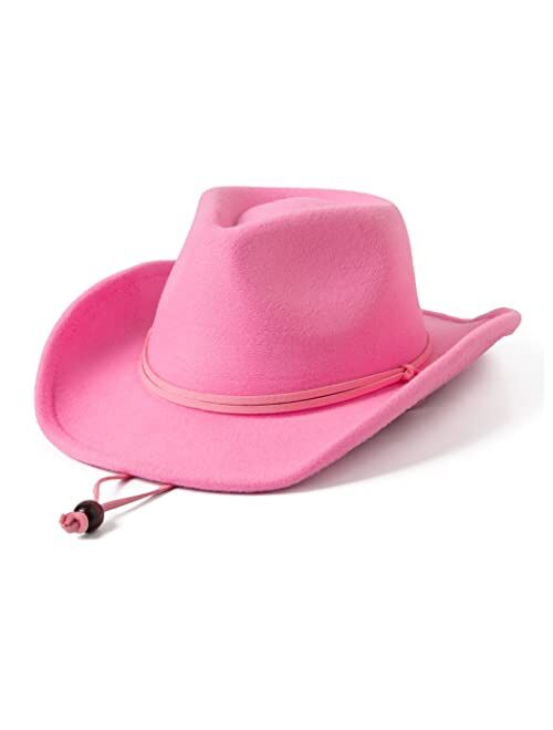 Lanzom Kids Girls Boys Retro Felt Wide Brim Western Cowboy Cowgirl Hat Dress Up Hat with Wind Lanyard