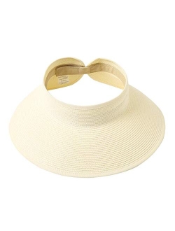 Lanzom Women Packable Hat Sun Visor Hats Wide Brim Straw Roll Up Ponytail Summer Beach Hat UPF 50