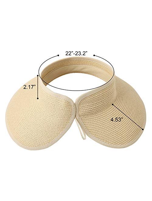 Lanzom Women Packable Hat Sun Visor Hats Wide Brim Straw Roll Up Ponytail Summer Beach Hat UPF 50